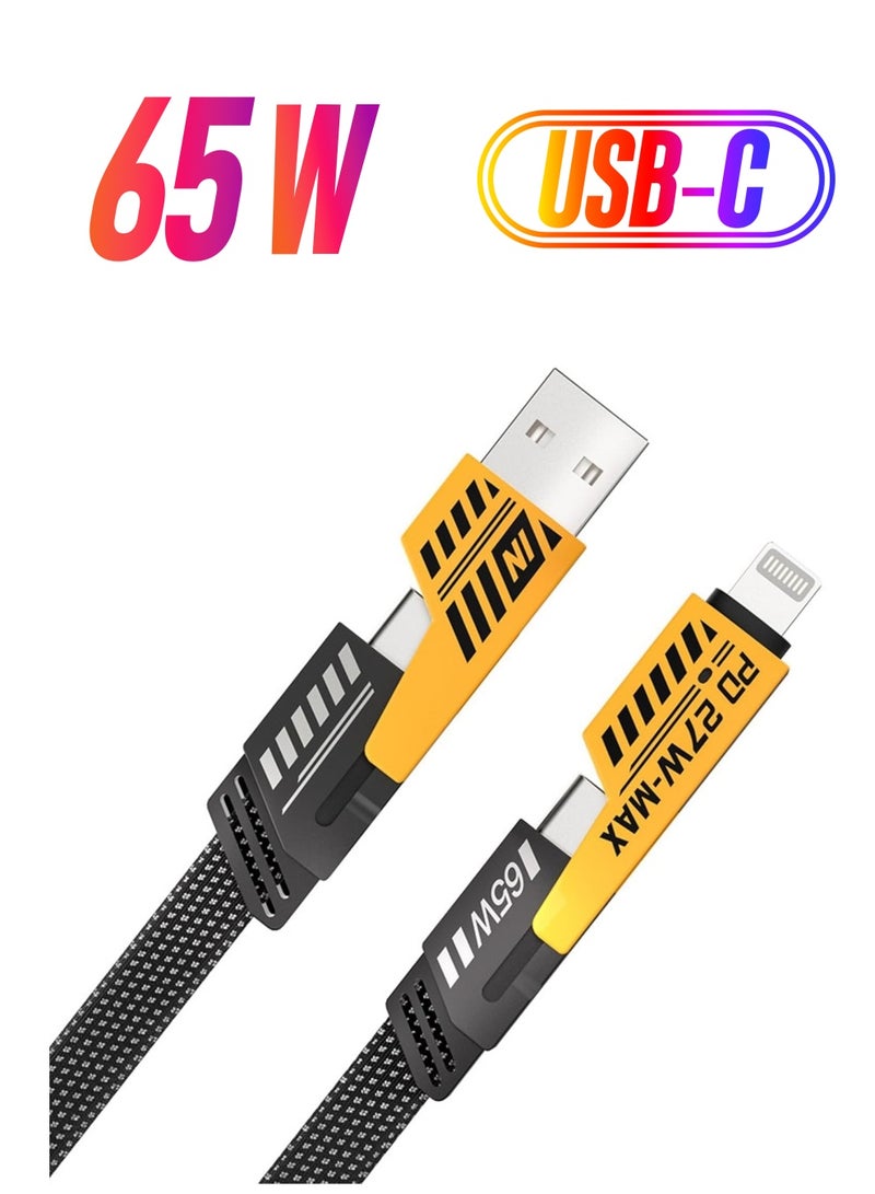 ELTRAZONE كابل بيانات معدني سريع قابل للتحويل 4 في 1 - 65 واط USB-C، USB-A، كابل شحن متعدد لأجهزة iPhone، iPad، MacBook Pro، AirPods، Samsung وأجهزة Android (1.2م) - Image 1