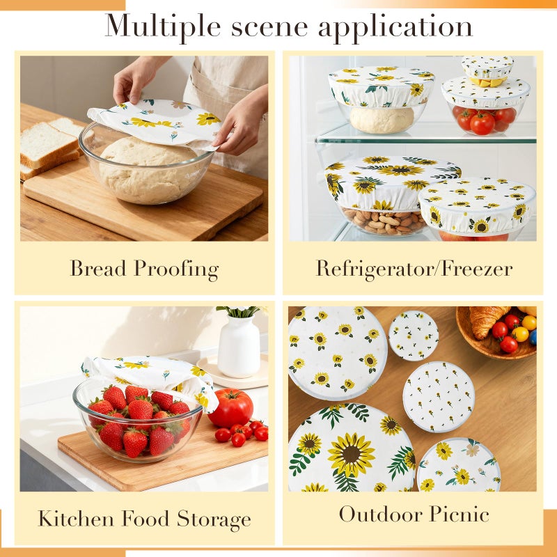 Tirphy 5-Size Reusable Bowl Covers for Bread Proofing - Beeswax Bowl Covers Reusable 4/6/8/10/12 Inch - Elastic Cotton Cloth Sourdough Cover - Shower Caps for Sourdough Bread (Flower style) - Image 3