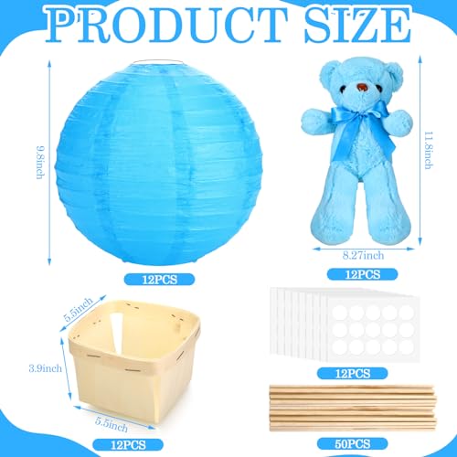 Baquler 12 Sets Baby Shower Hot Air Balloon Table Centerpieces DIY Paper Lanterns Stuffed Plush Bear Wooden Baskets for Wedding Birthday Gender Reveal BlueSolid Style - Image 5