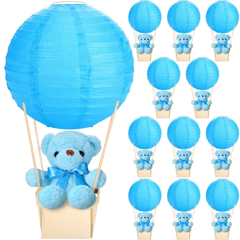 Baquler 12 Sets Baby Shower Hot Air Balloon Table Centerpieces DIY Paper Lanterns Stuffed Plush Bear Wooden Baskets for Wedding Birthday Gender Reveal BlueSolid Style - Image 3