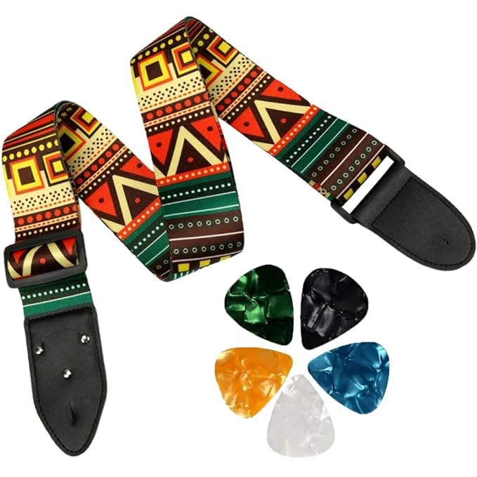 IMAGINEA Guitar Strap Adjustable with Pick Holder for Acoustic Electric Bass Guitar – Soft Polyester Wide Strap with PU Leather Ends & 5 Picks, Comfortable Non-Slip Belt - Image 1
