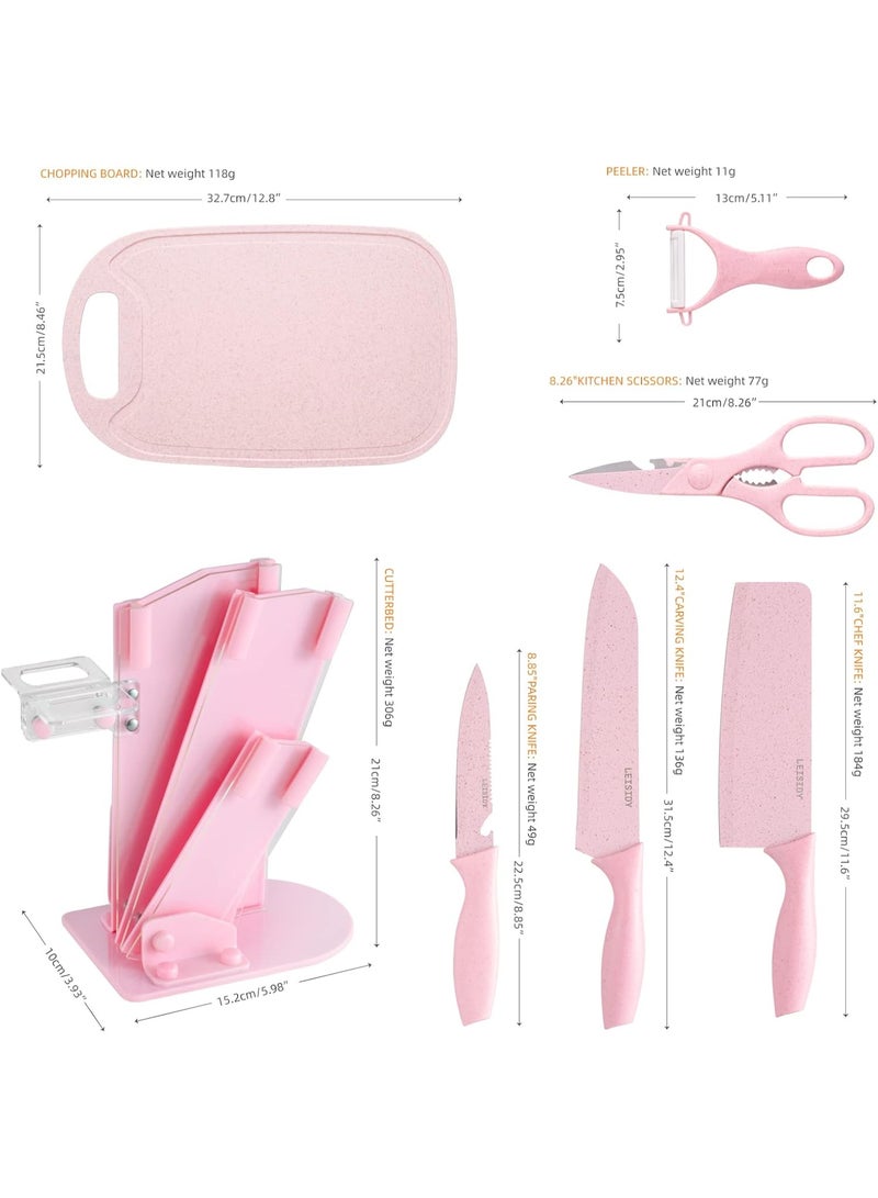 Pink 6-Piece Kitchen Knife Set with Cutting Board and Stand - Image 3