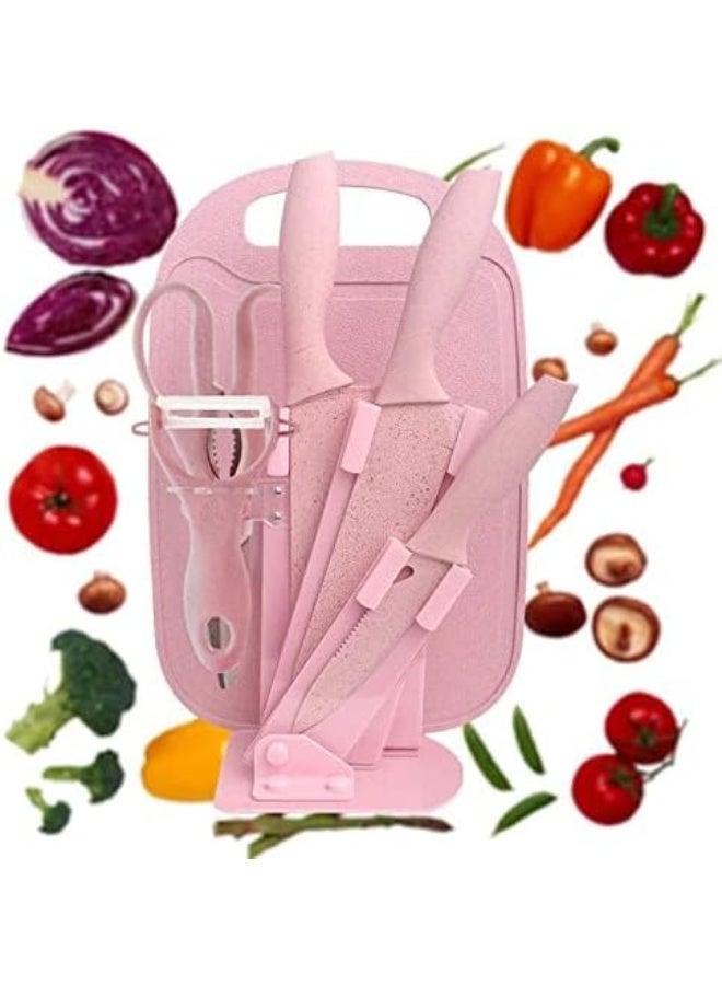 Pink 6-Piece Kitchen Knife Set with Cutting Board and Stand - Image 2