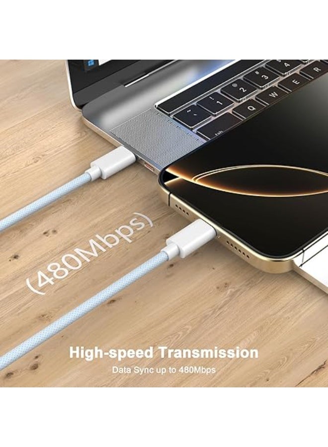 كابل شحن سريع USB-C إلى USB-C بطول 10 قدم/3 متر 60 واط PD مع تصميم مضفر متوافق مع آيفون 16/15 برو ماكس، سامسونج جالاكسي S24/S23، جوجل بيكسل، آيباد برو، ماك بوك - تصميم متين مضفر، أزرق - Image 3