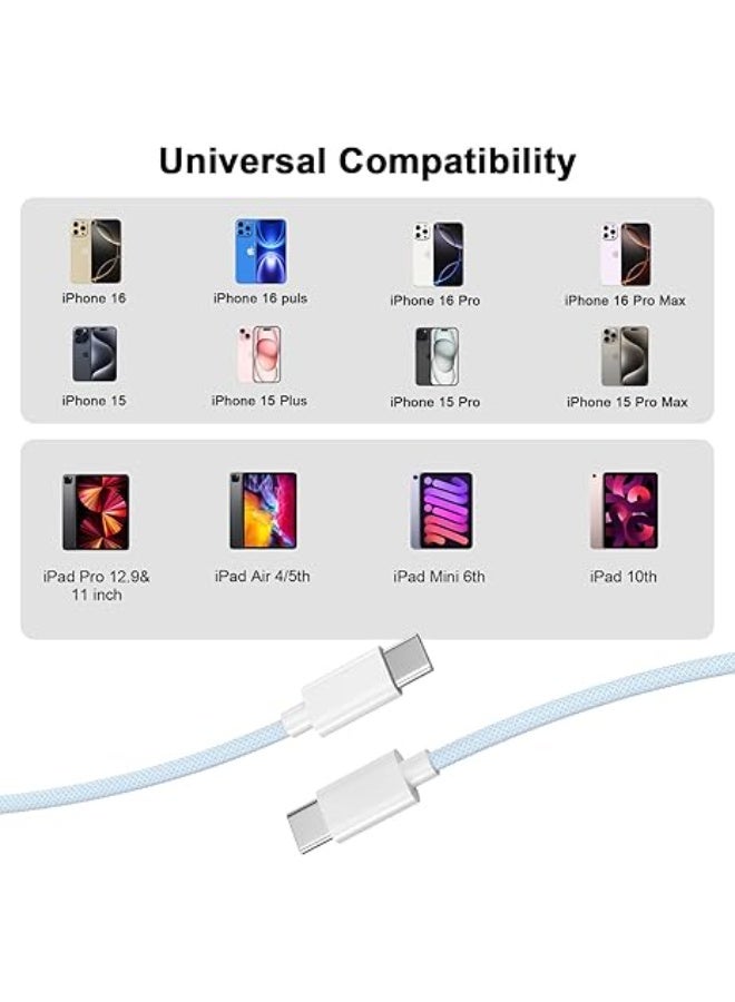 كابل شحن سريع USB-C إلى USB-C بطول 10 قدم/3 متر 60 واط PD مع تصميم مضفر متوافق مع آيفون 16/15 برو ماكس، سامسونج جالاكسي S24/S23، جوجل بيكسل، آيباد برو، ماك بوك - تصميم متين مضفر، أزرق - Image 5