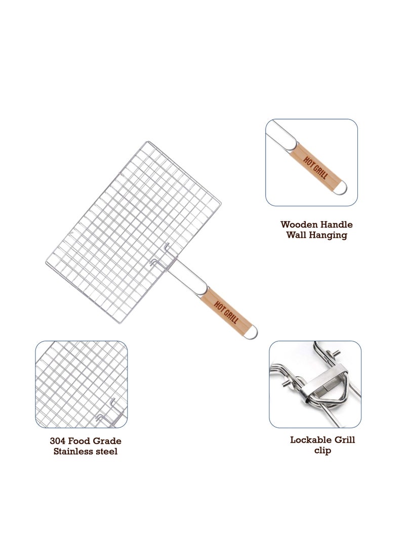 HOT GRILL - Non-Stick Grilling Basket with Wooden Handle - Aluminum, Rustproof, Grill Grate, Barbecue Accessories - Image 1