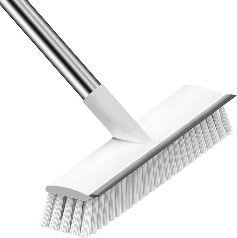 Noridy 2 in 1 Bathroom Cleaning Brush Floor Scrub Bathroom Brush with Long Handle Floor Scrub Cleaning Brush with Wiper for Kitchen, Bathroom,Wall and Deck, Stainless Steel , White brush - Image 1
