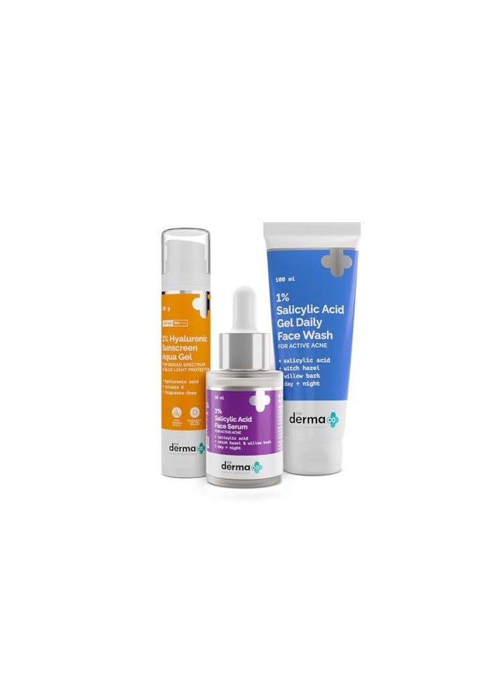 THE derma Co مجموعة ديرما كو لمكافحة حب الشباب | مجموعة روتين العناية بالبشرة | غسول وجه بنسبة 1% حمض الساليسيليك + سيروم بنسبة 2% حمض الساليسيليك + جل أكوا واقي شمس بنسبة 1% حمض الهيالورونيك | حماية طيفية، SPF 50 PA++++ للرجال والنساء - Image 1