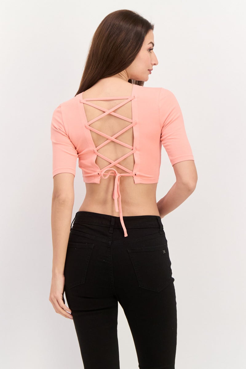 ONLY Women Round Neck Short Sleeve Open Back Top, Coral - Image 4
