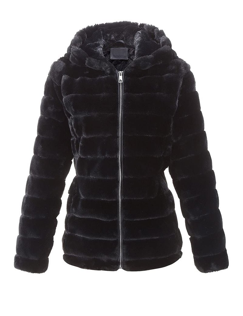 Bellivera Women's Faux Shearling Shaggy Coat Long Sleeve Zip Up Hood Fleece Jacket 1801 Black XXL - Image 1