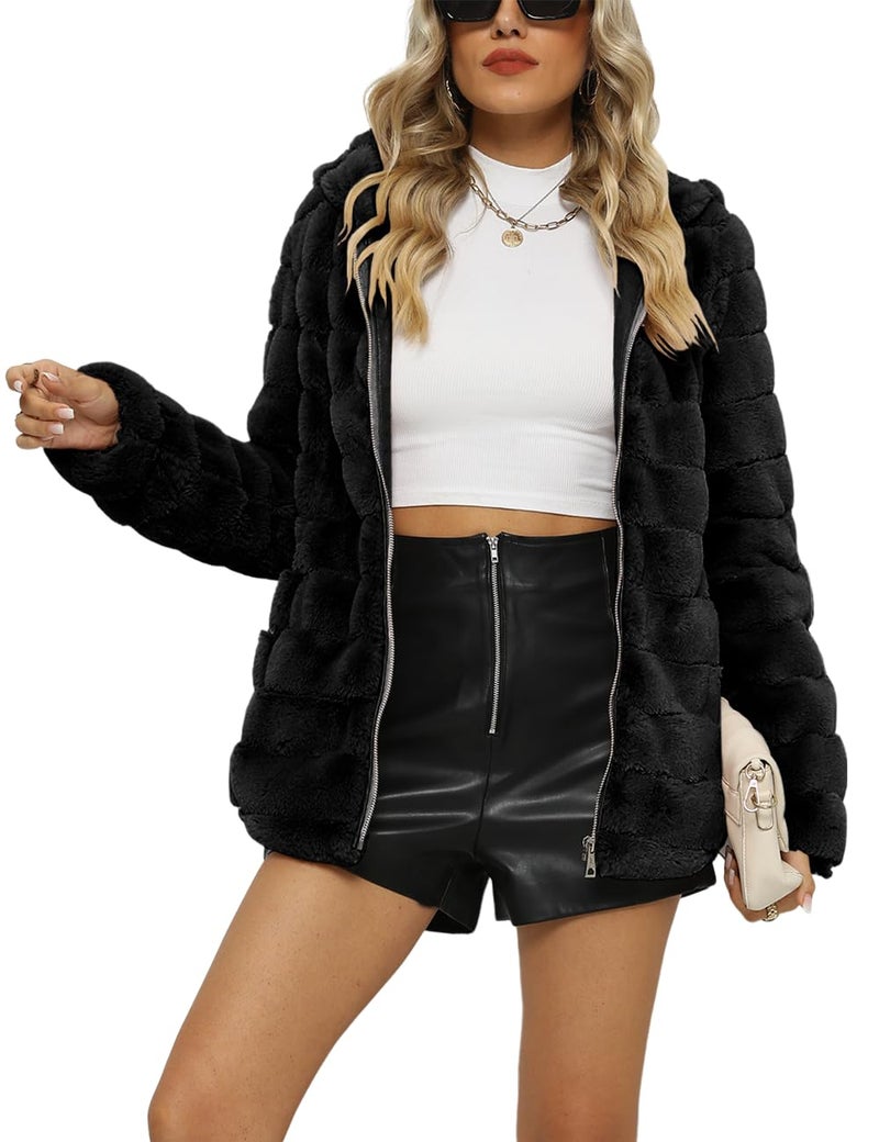 Bellivera Women's Faux Shearling Shaggy Coat Long Sleeve Zip Up Hood Fleece Jacket 1801 Black XXL - Image 3