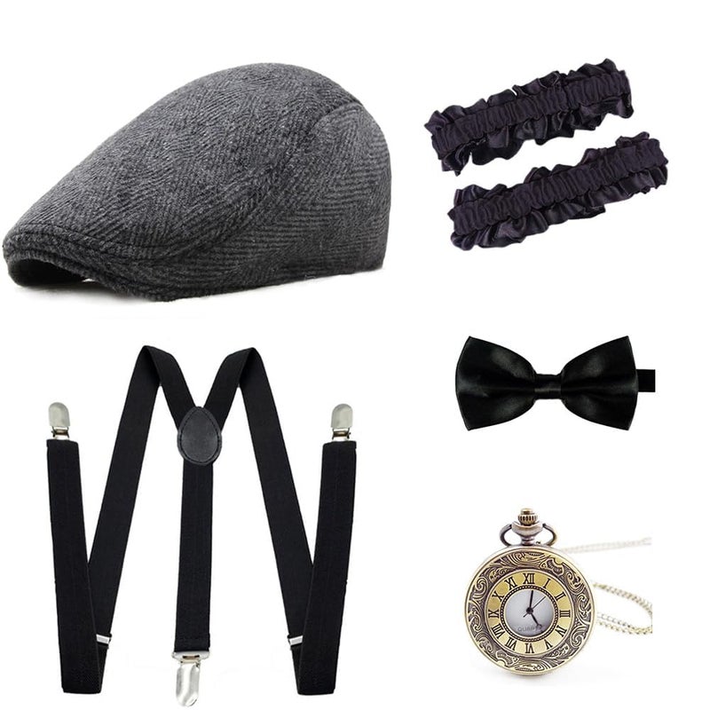 Gionforsy 1920s Accessories for Men 20s Gatsby Gangster Costume Accessories Set Newsboy Hat Set Roaring 20s Costume (1-Dark Gray) - Image 1