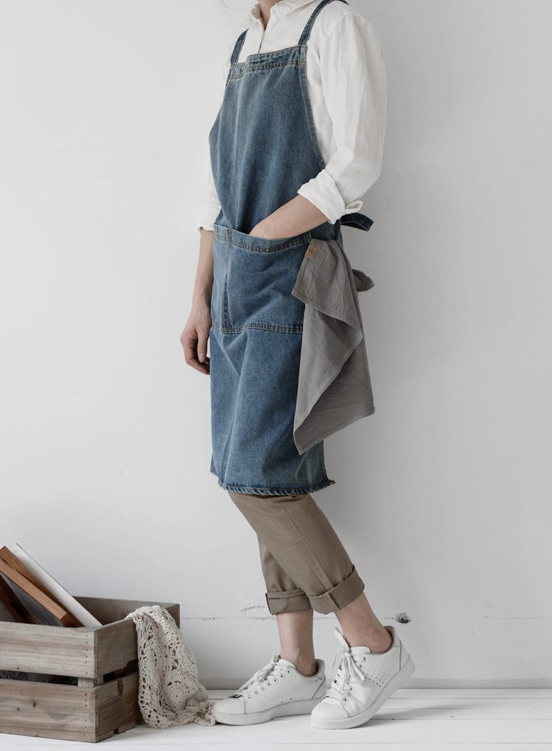 Tobyan Cotton Denim Apron Soft - Unisex Adjustable Bib Apron with 5-Pockets Perfect for Kitchens (XL-Blue) - Image 5