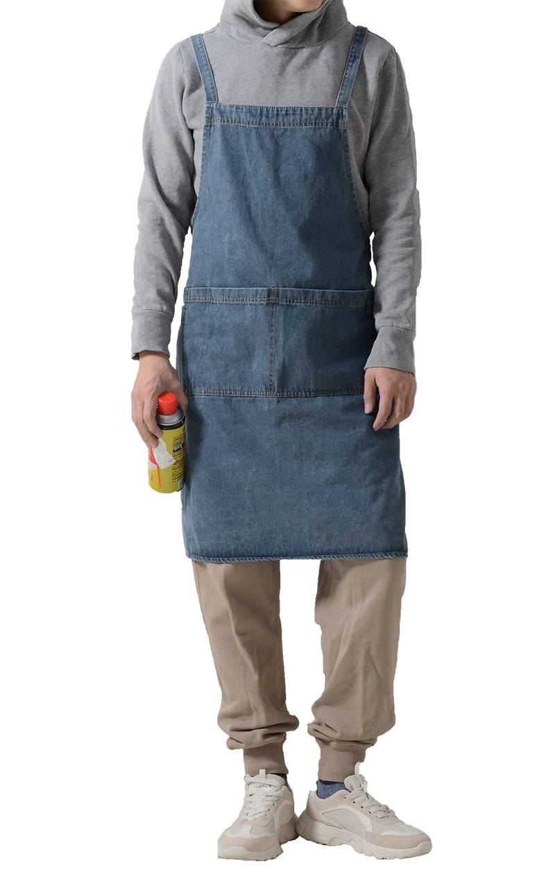 Tobyan Cotton Denim Apron Soft - Unisex Adjustable Bib Apron with 5-Pockets Perfect for Kitchens (XL-Blue) - Image 1