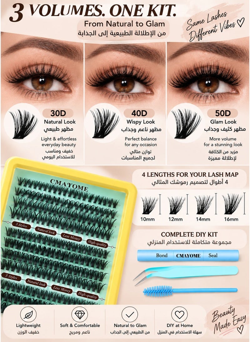 CMAYOME 240 Pcs DIY Lash Extension Kit, 30D 40D 50D Cluster Lashes, 10-16mm Mixed Length Individual False Eyelashes with Bond & Seal, Tweezers & Brush - Image 3