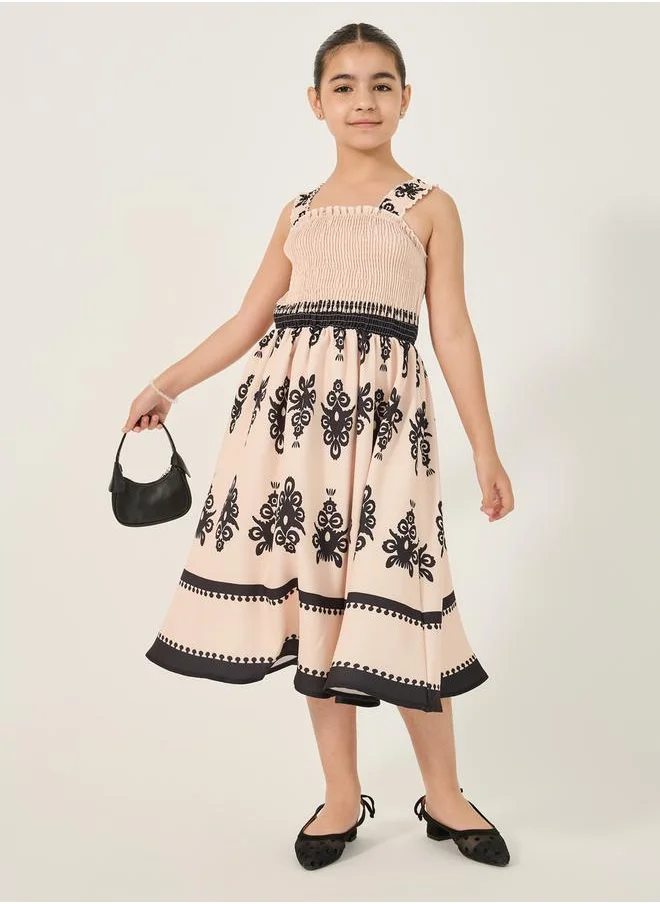 Styli All-Over Print Strappy Dress with Smocked Detail