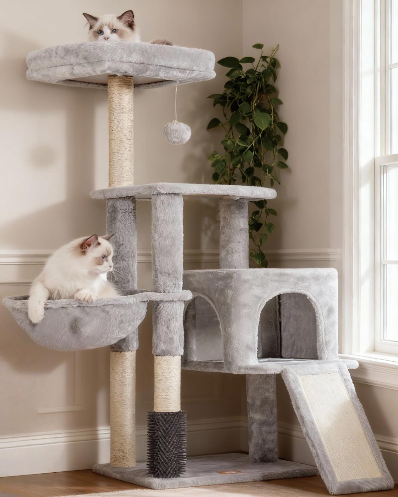 Heybly Cat Tree with Cat Self Groomer Brush, Cat Tower Condo for Indoor Cats with Padded Plush Perch, Cat House with Basket Scratching Board Post, Light Gray HCT005SW - Image 1