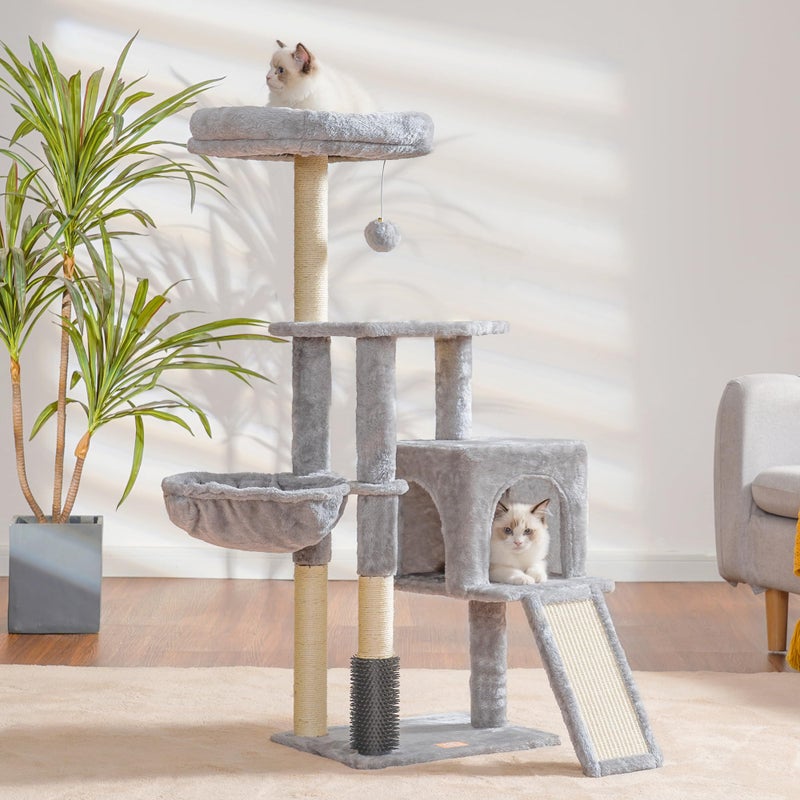 Heybly Cat Tree with Cat Self Groomer Brush, Cat Tower Condo for Indoor Cats with Padded Plush Perch, Cat House with Basket Scratching Board Post, Light Gray HCT005SW - Image 2