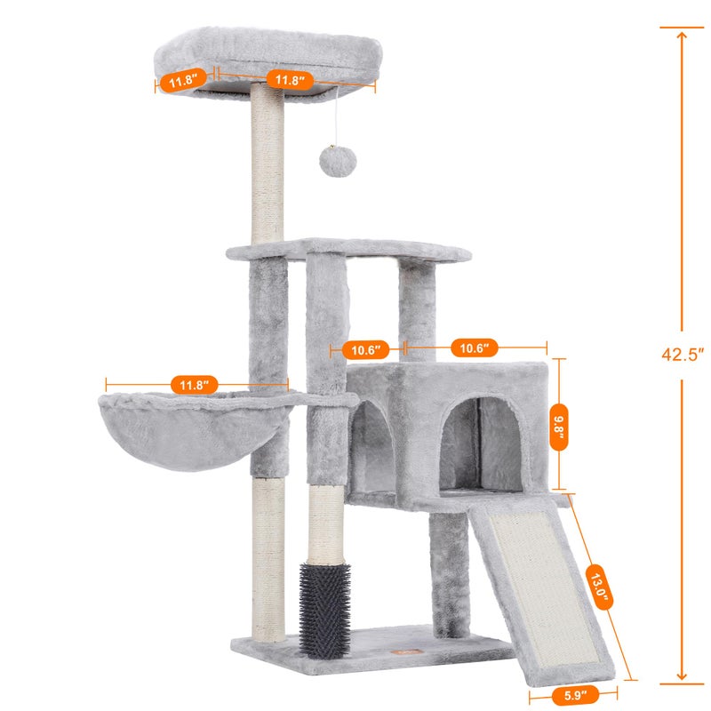 Heybly Cat Tree with Cat Self Groomer Brush, Cat Tower Condo for Indoor Cats with Padded Plush Perch, Cat House with Basket Scratching Board Post, Light Gray HCT005SW - Image 3