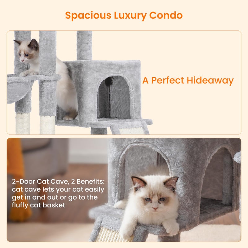 Heybly Cat Tree with Cat Self Groomer Brush, Cat Tower Condo for Indoor Cats with Padded Plush Perch, Cat House with Basket Scratching Board Post, Light Gray HCT005SW - Image 5