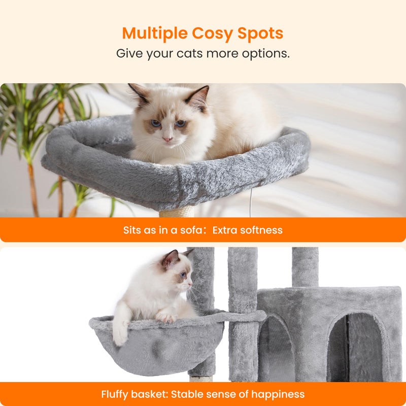 Heybly Cat Tree with Cat Self Groomer Brush, Cat Tower Condo for Indoor Cats with Padded Plush Perch, Cat House with Basket Scratching Board Post, Light Gray HCT005SW - Image 4
