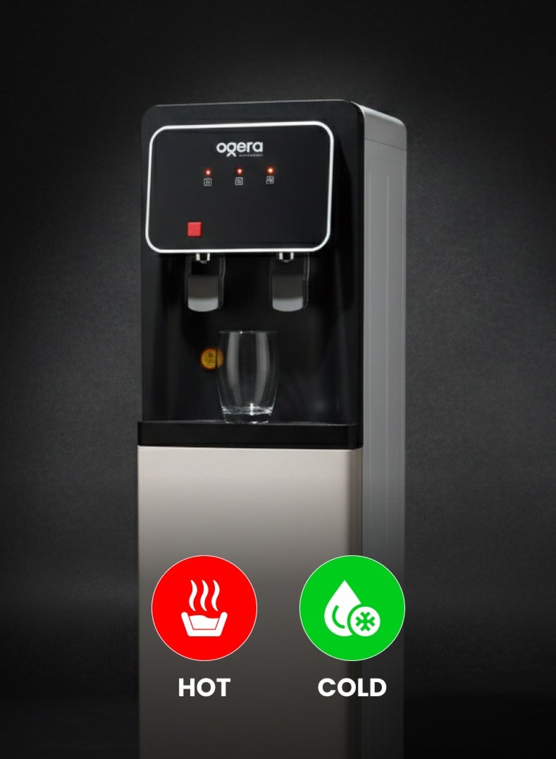 أوجيرا موزع مياه بتصميم تحميل علوي | ماء ساخن وبارد | نظام تبريد بالضاغط R134a | خزان مياه من الفولاذ المقاوم للصدأ | قفل أمان للأطفال | سعة تسخين 5 لتر وتبريد 2 لتر | قدرة 640 واط | ضمان سنتين | OG1702WD | أبيض وأسود - Image 3