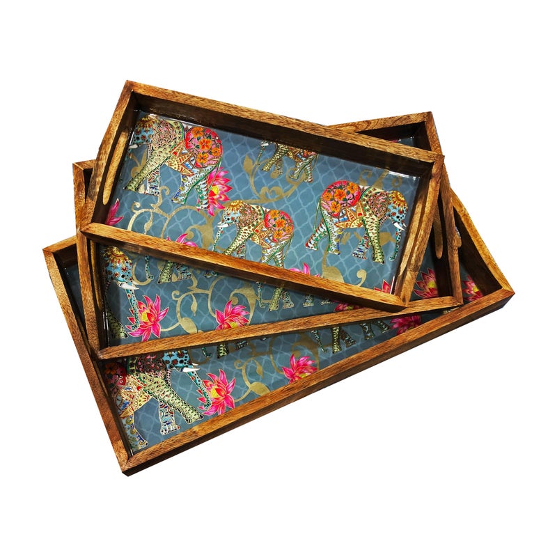 SHOPMEFAST طقم صينية تقديم مزخرفة من خشب المانجو من شوب مي فاست، تصميم مينكاري مصنوع يدويًا، طقم مكون من 3 قطع مع مقابض، طقم صينية متعددة الاستخدامات، ديكور المنزل وطاولة الطعام (أزرق) - Image 2