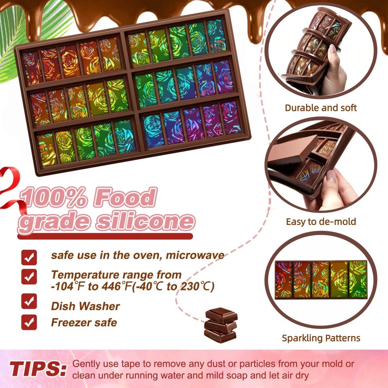 Ziliny Rose 1 Pcs Holographic Chocolate Molds Valentine's Day Resin Silicone Chocolate Bar Deep Thick Molds for Galentine's Day DIY Baking Wax Melts Birthday Party Supplies (Rectangle) - Image 3