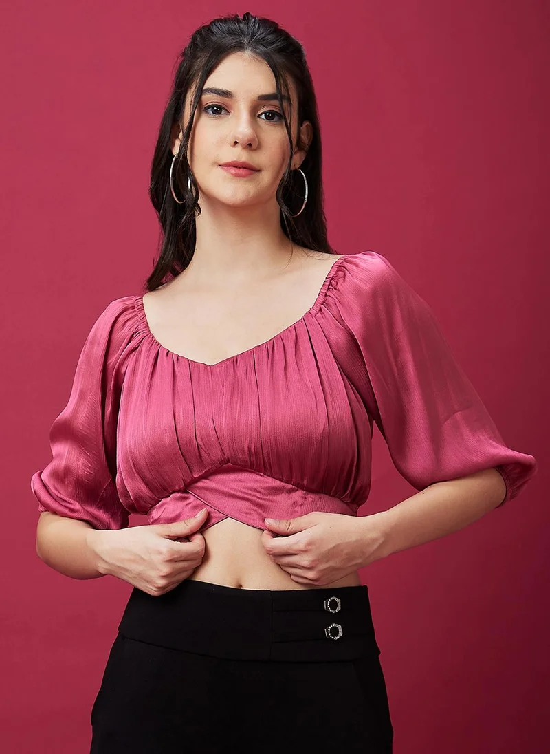 globus Globus Women Pink Square Neck Puff Sleeve Waist Tie-Up Fitted Crop Top