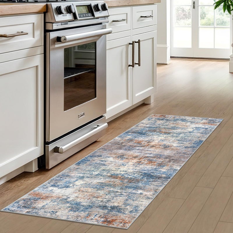 IOHOUZE Abstract Runner Rug 2x6 Ft Washable Runners for Hallways, Non Slip Kitchen Runner Printed Faux Wool Entryway Runner Indoor, Modern Abstract Floor Carpet for Hall Bedroom, Blue Rust - Image 2