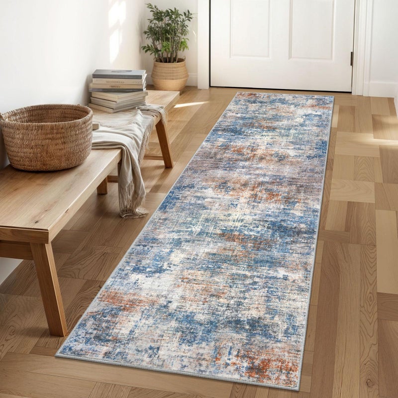 IOHOUZE Abstract Runner Rug 2x6 Ft Washable Runners for Hallways, Non Slip Kitchen Runner Printed Faux Wool Entryway Runner Indoor, Modern Abstract Floor Carpet for Hall Bedroom, Blue Rust - Image 1