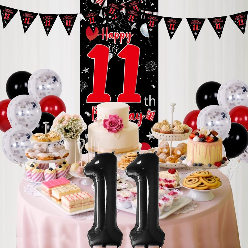 Pounira 11th Birthday Decorations for Boys Girls, Happy 11th Birthday Decorations Boy, Red Black 11 Year Old Birthday Door Banner, Triangle Flag, Large Number 11 Balloons Bday Party Decor for 11 birthday - Image 3