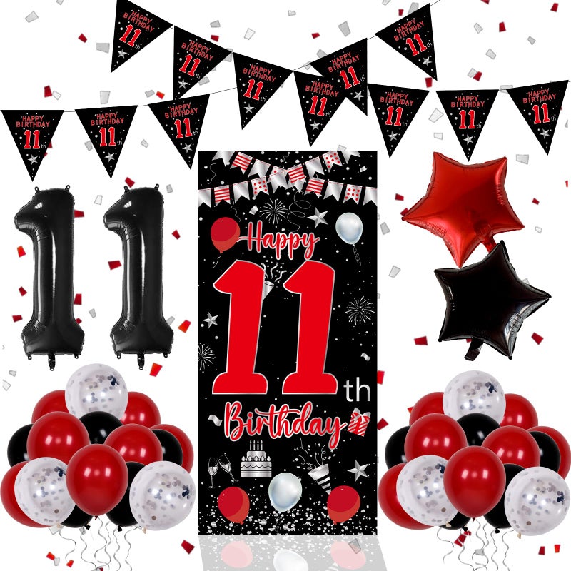 Pounira 11th Birthday Decorations for Boys Girls, Happy 11th Birthday Decorations Boy, Red Black 11 Year Old Birthday Door Banner, Triangle Flag, Large Number 11 Balloons Bday Party Decor for 11 birthday - Image 1