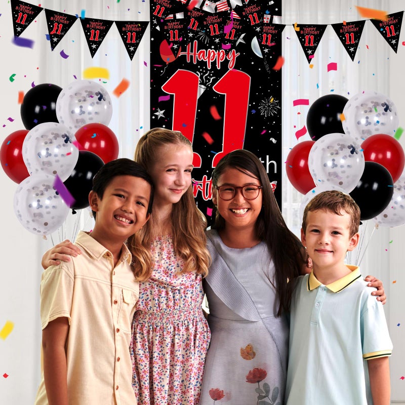 Pounira 11th Birthday Decorations for Boys Girls, Happy 11th Birthday Decorations Boy, Red Black 11 Year Old Birthday Door Banner, Triangle Flag, Large Number 11 Balloons Bday Party Decor for 11 birthday - Image 4