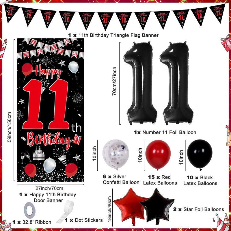 Pounira 11th Birthday Decorations for Boys Girls, Happy 11th Birthday Decorations Boy, Red Black 11 Year Old Birthday Door Banner, Triangle Flag, Large Number 11 Balloons Bday Party Decor for 11 birthday - Image 2