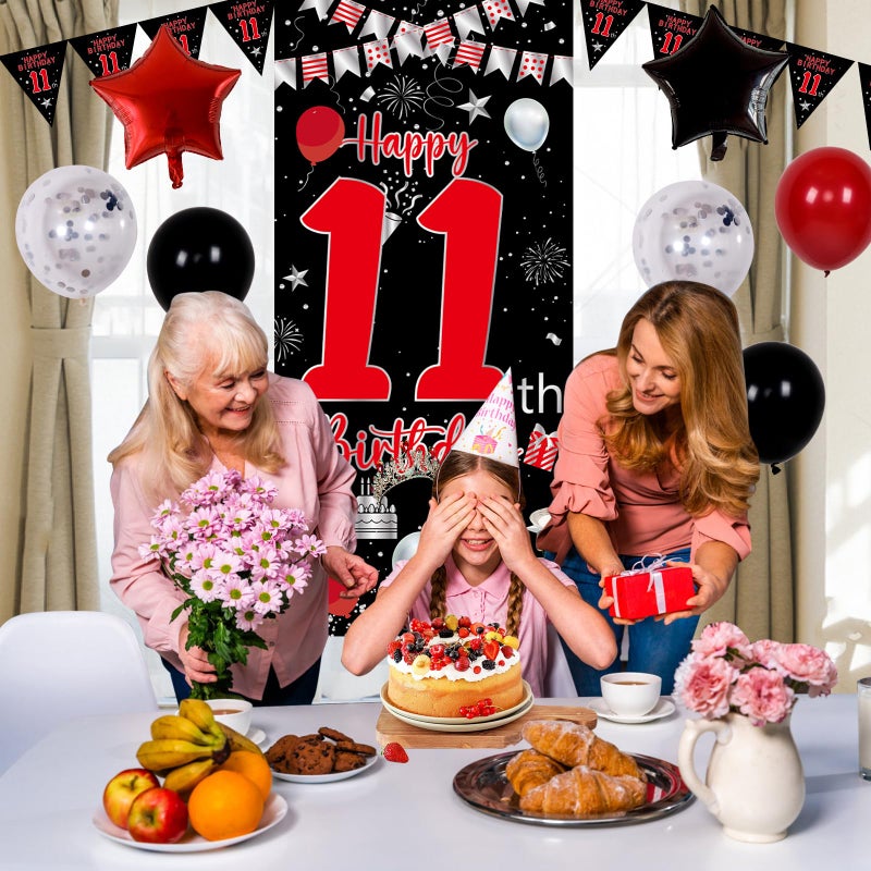 Pounira 11th Birthday Decorations for Boys Girls, Happy 11th Birthday Decorations Boy, Red Black 11 Year Old Birthday Door Banner, Triangle Flag, Large Number 11 Balloons Bday Party Decor for 11 birthday - Image 5