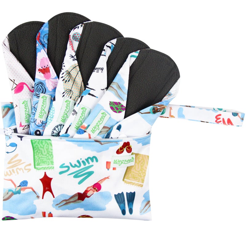 Wegreeco Reusable Menstrual Pads for Women Soft Cloth Sanitary Pads Panty Liners 5 Pack 1 Cloth Wet Bag Medium Dynamic
