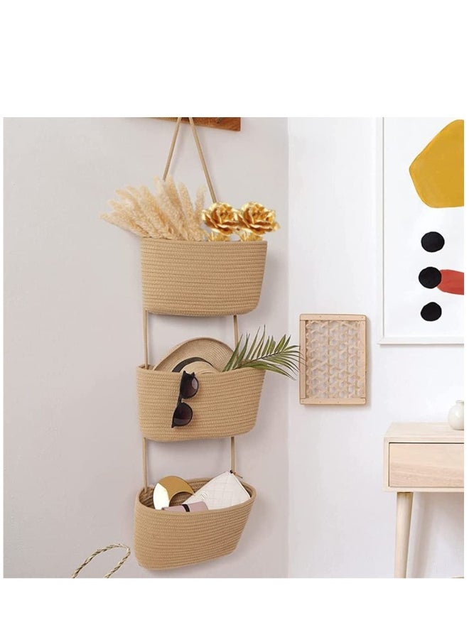 Generic Over the Door Hanging Basket 3-Tier Woven Cotton Wall-Mounted Storage Organizer Bag Decorative Hanging Kitchen Baskets  Jute  - Image 5