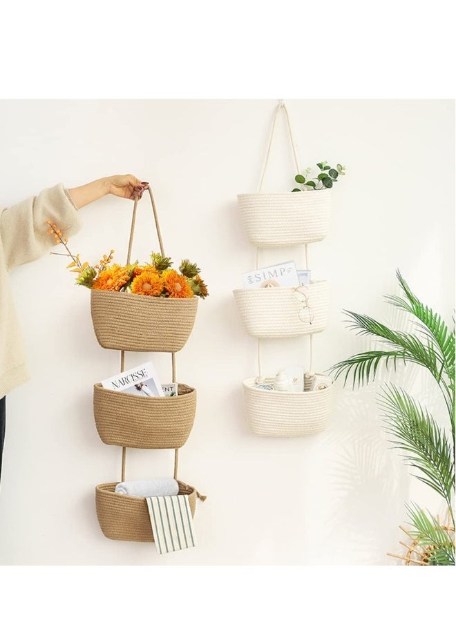 Generic Over the Door Hanging Basket 3-Tier Woven Cotton Wall-Mounted Storage Organizer Bag Decorative Hanging Kitchen Baskets  Jute  - Image 4