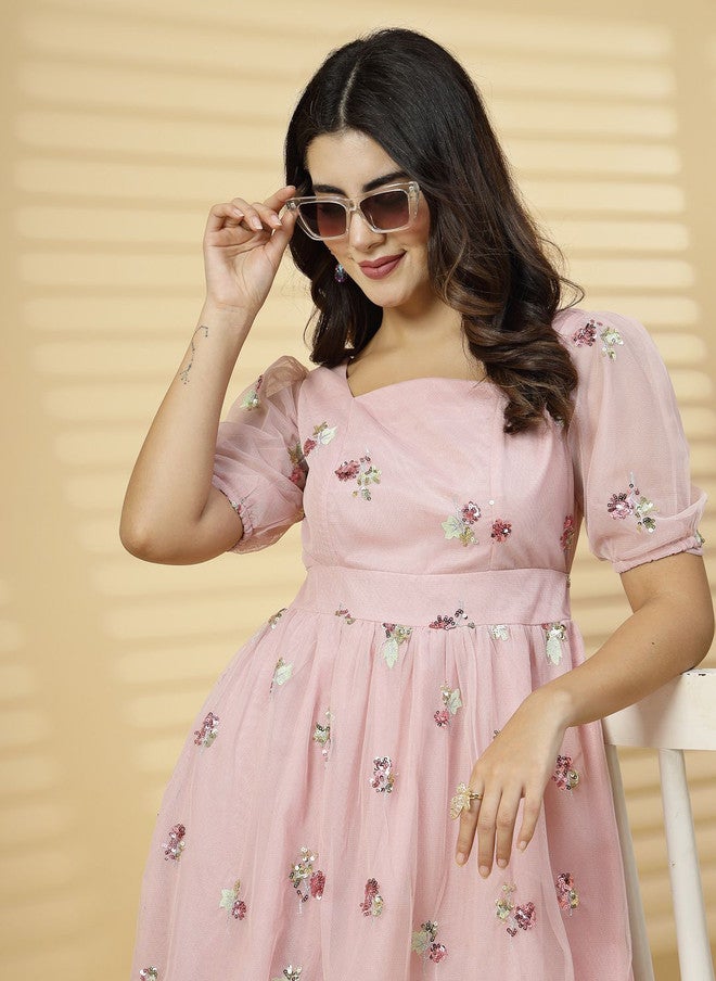 RAASSIO فستان ميدي مزين بتطريز زهور بأكمام منتفخة للنساء - Image 1