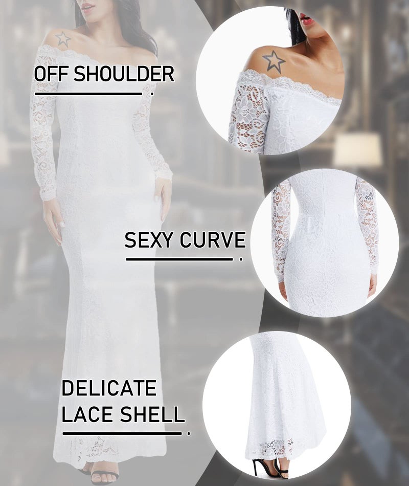 LALAGEN Women's Floral Lace Long Sleeve Off Shoulder Wedding Mermaid Dress White1 M - Image 5