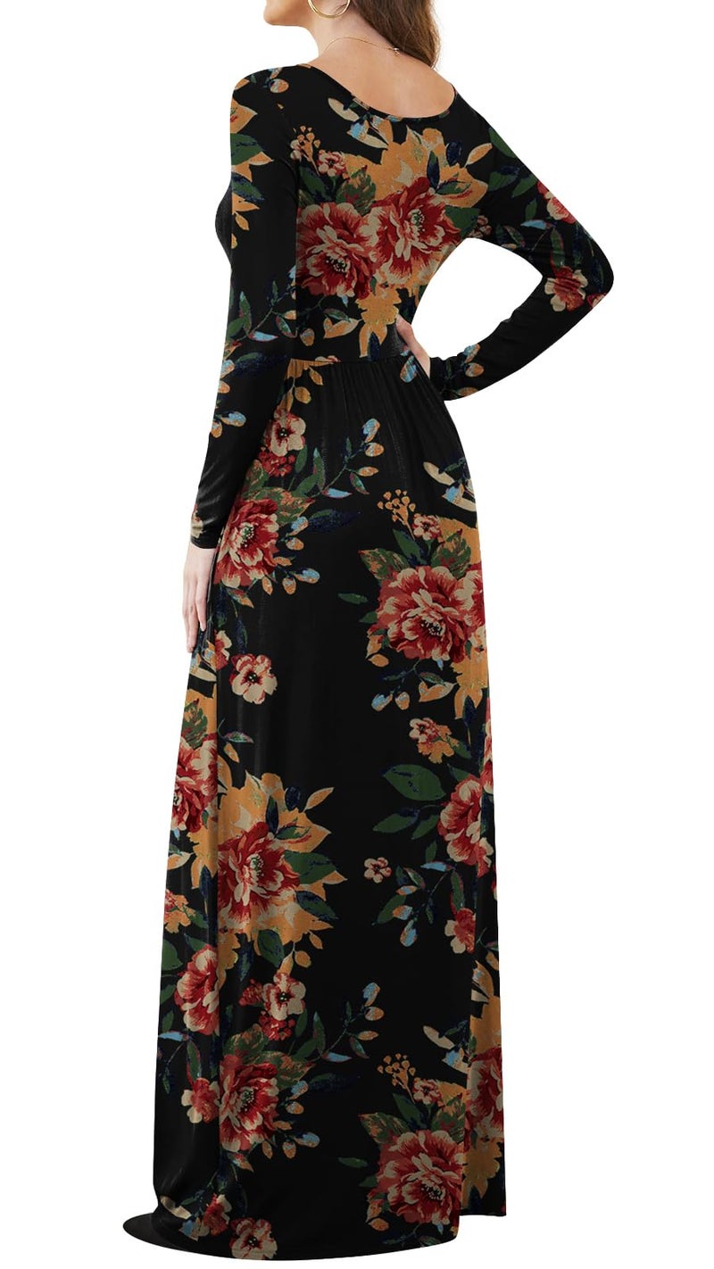 DB MOON Women Plus Size Casual Long Sleeve Maxi Dresses Empire Waist Long Dress with Pockets Brown Floral Black XL - Image 3