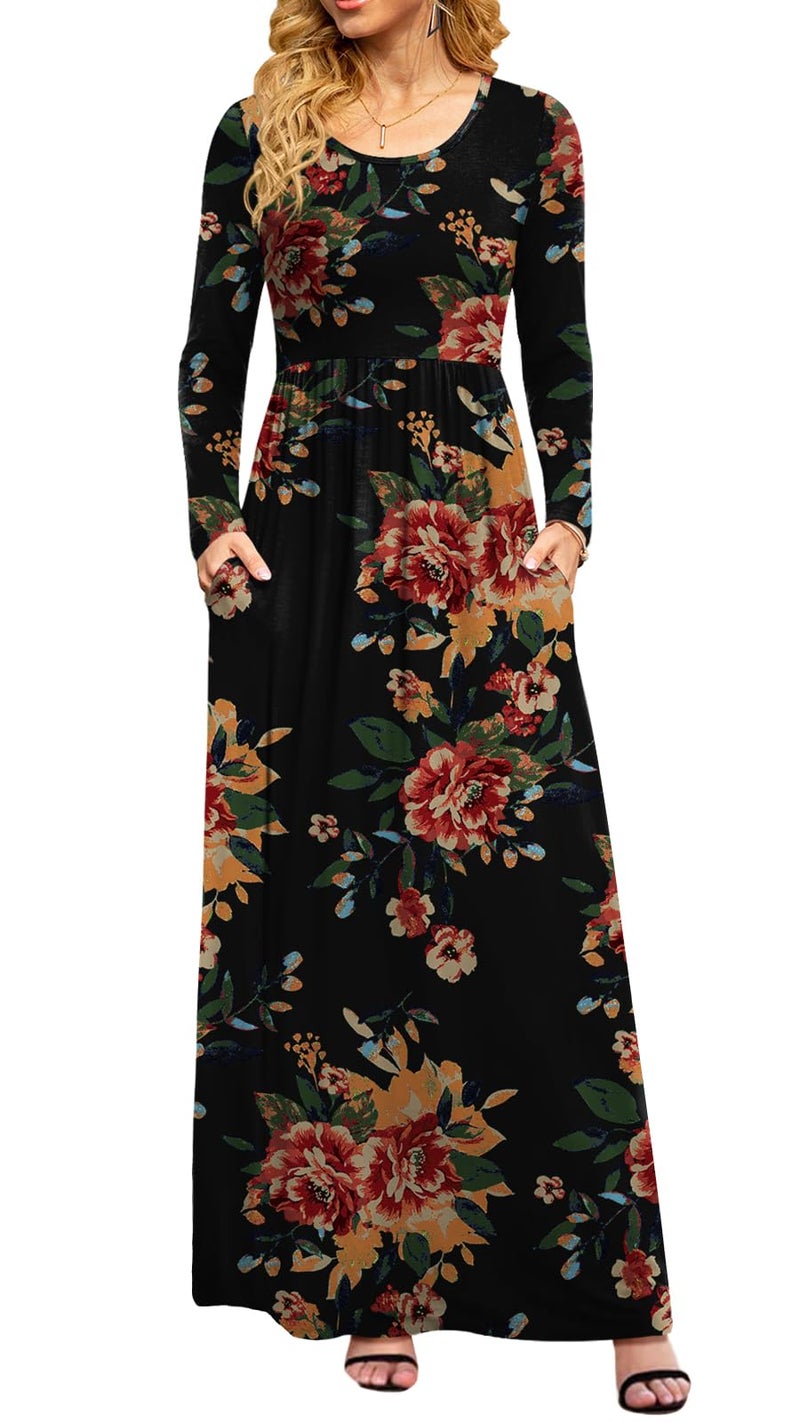DB MOON Women Plus Size Casual Long Sleeve Maxi Dresses Empire Waist Long Dress with Pockets Brown Floral Black XL - Image 1