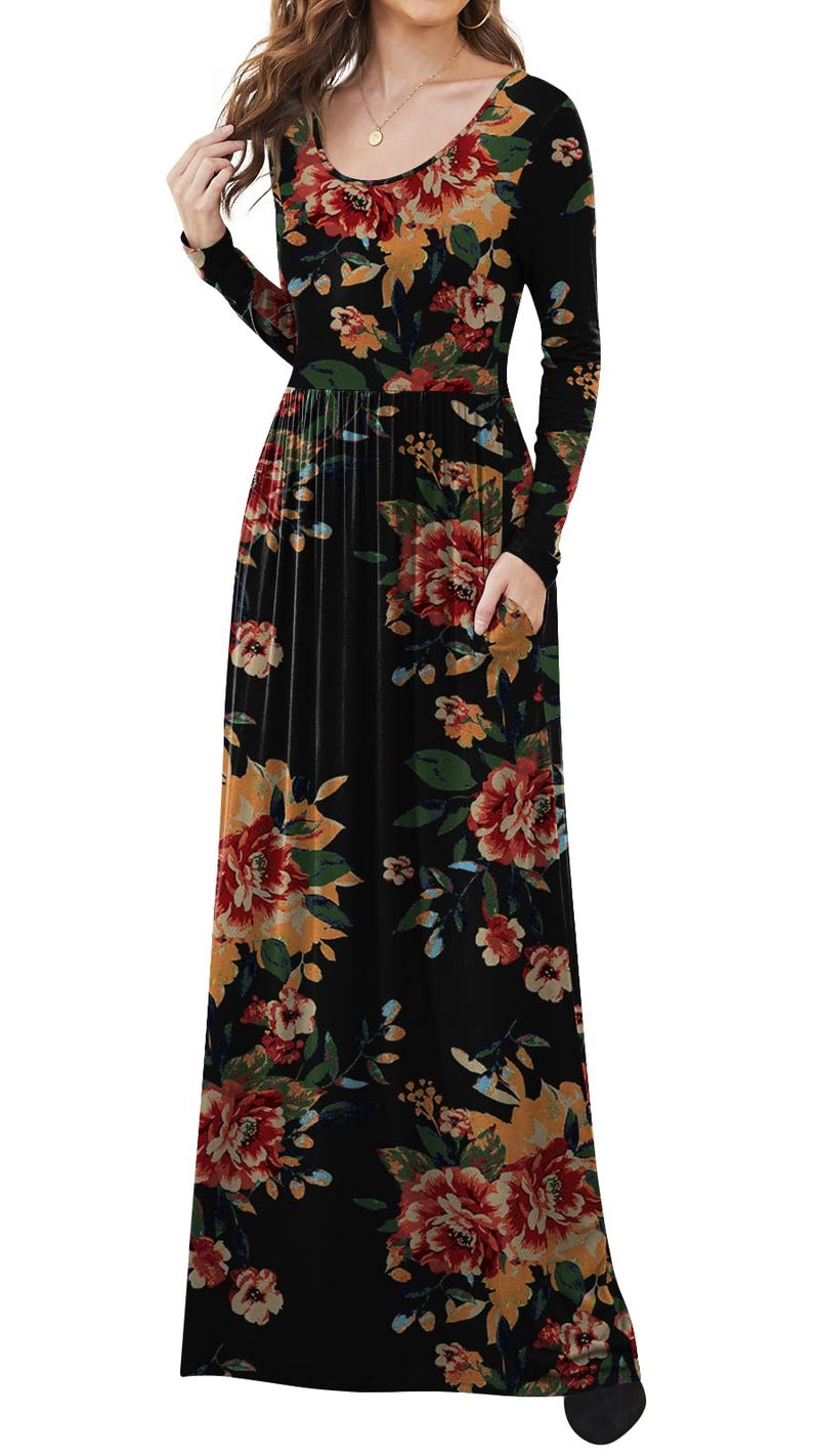 DB MOON Women Plus Size Casual Long Sleeve Maxi Dresses Empire Waist Long Dress with Pockets Brown Floral Black XL - Image 2