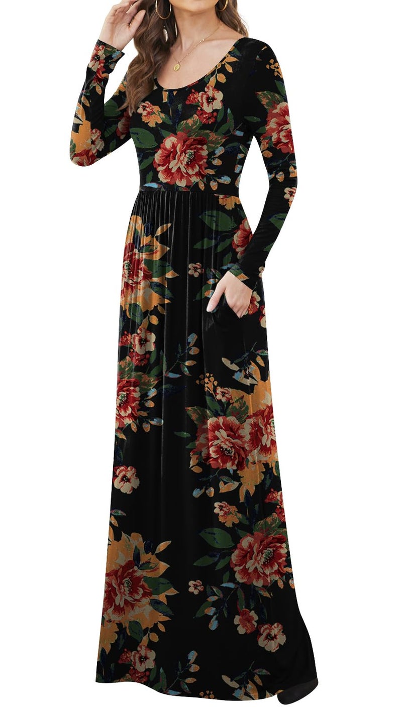DB MOON Women Plus Size Casual Long Sleeve Maxi Dresses Empire Waist Long Dress with Pockets Brown Floral Black XL - Image 4