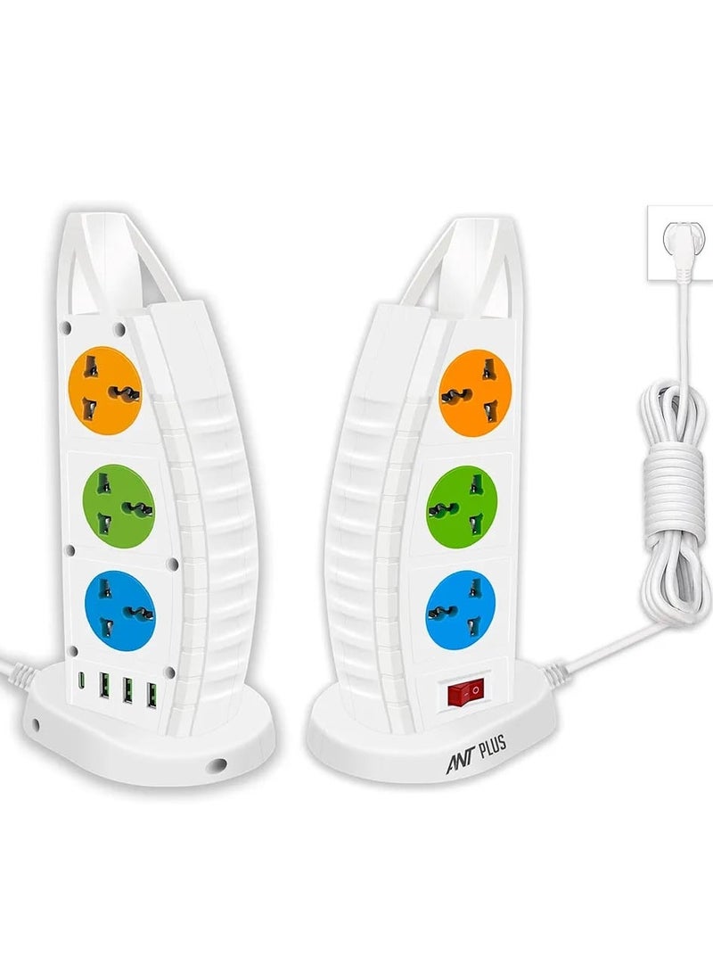 Ant Plus Ant Plus Electric 631 Mini Tower Extension Board with Universal Socket, USB Port and Type C Charging - 6 Sockets, 3 USB, 1 Type C, 250V, 2500W - White  - Image 1