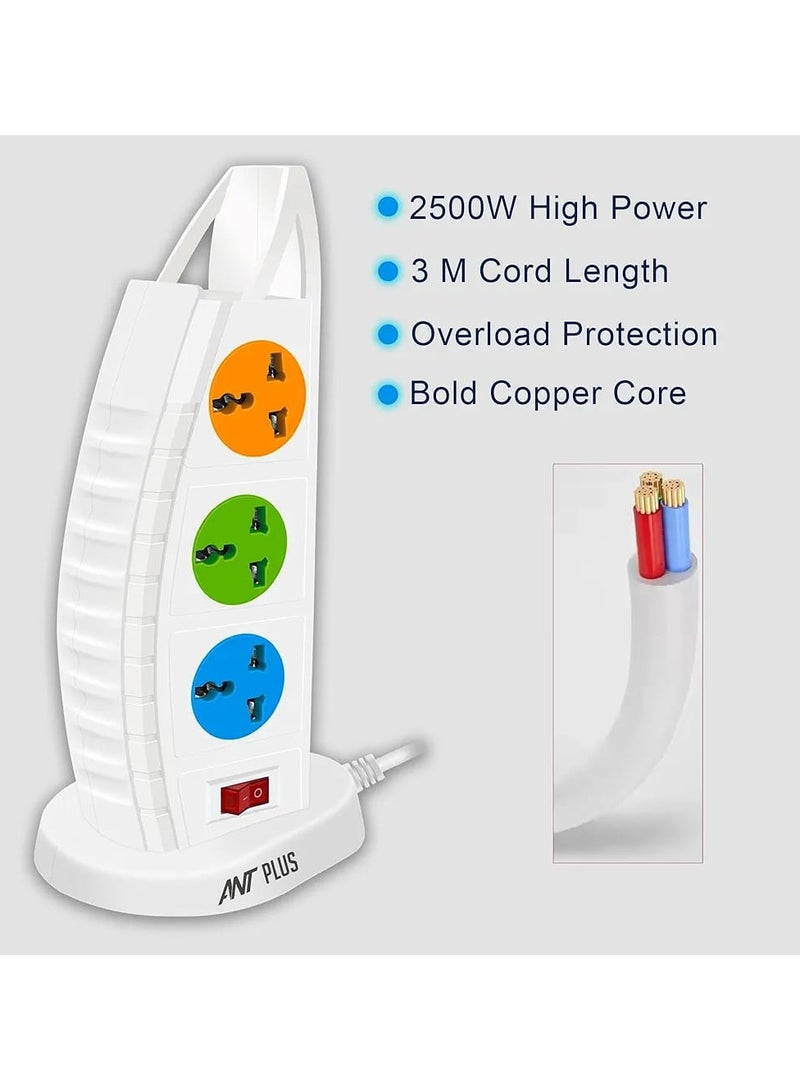 Ant Plus Ant Plus Electric 631 Mini Tower Extension Board with Universal Socket, USB Port and Type C Charging - 6 Sockets, 3 USB, 1 Type C, 250V, 2500W - White  - Image 3