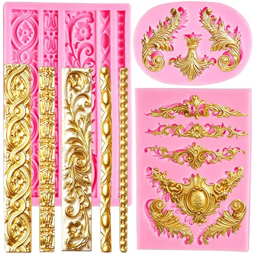 AIMEIKI Silicone Fondant Molds, AIMEIKI 3 Pack 3D Baroque Fondant Molds Scroll Border Lace Silicone Molds Curlicues Gum Paste Candy Chocolate Molds for Birthday Wedding Party DIY Cake - Image 1
