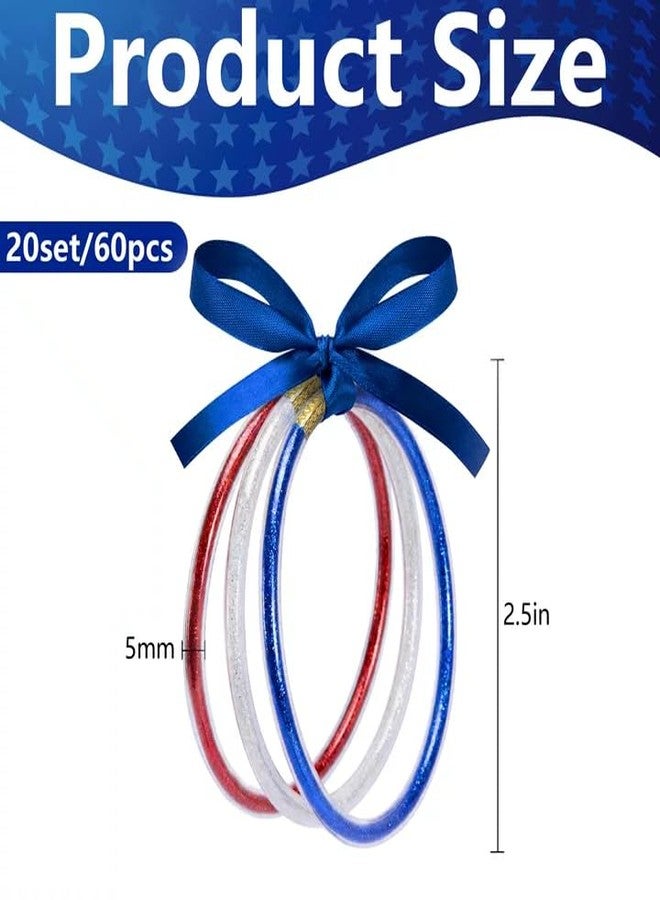 RunNico 60 Pcs Independence Day Jelly Bangles, 4th of July Glitter Bracelets with Bowknot, Red White Blue Jelly Bangles for Patriotic Themed Party Favors Costume Memorial Day Accessories - Image 2
