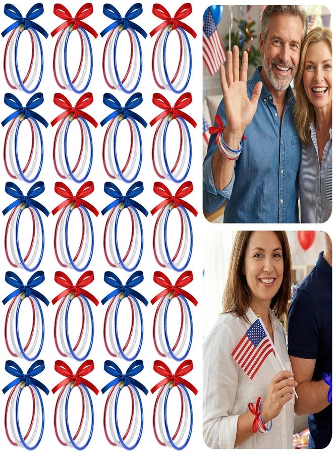 RunNico 60 Pcs Independence Day Jelly Bangles, 4th of July Glitter Bracelets with Bowknot, Red White Blue Jelly Bangles for Patriotic Themed Party Favors Costume Memorial Day Accessories - Image 1